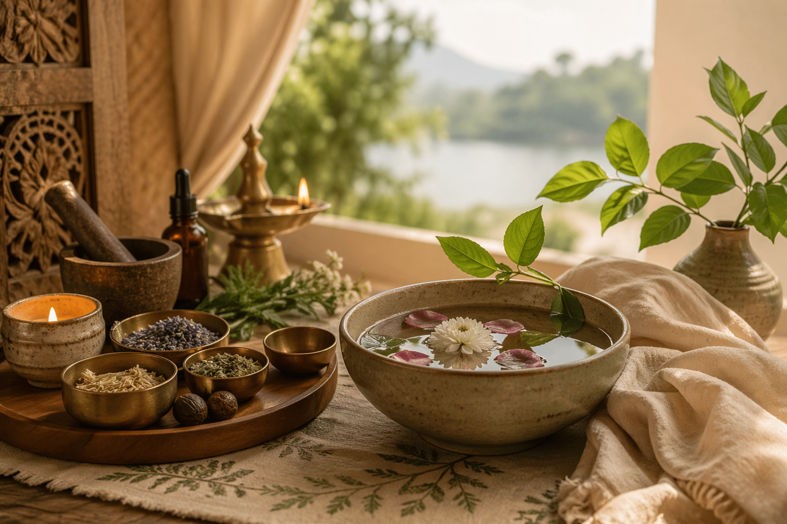 Ayurvedische kruiden en een schaal met bloemen