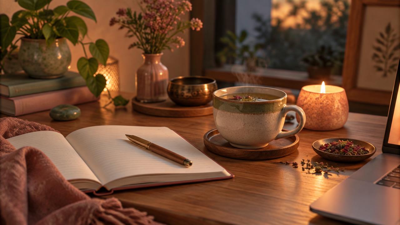 Thee, schrift en kaars bij een online webinar van de Divine Ayurveda Tribe